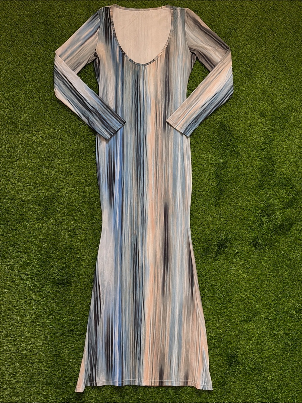 Women’s Abstract Watercolor Long Sleeve Maxi Dress Blue Grey Beige Medium